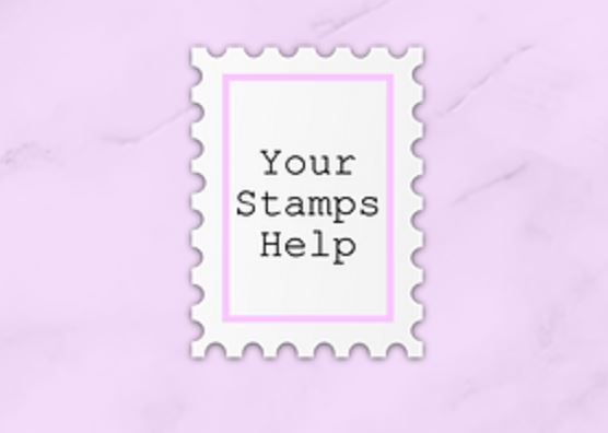 Das Bild zeigt eine gezeichnete Briefmarke, auf der steht "Your Stamps Help".